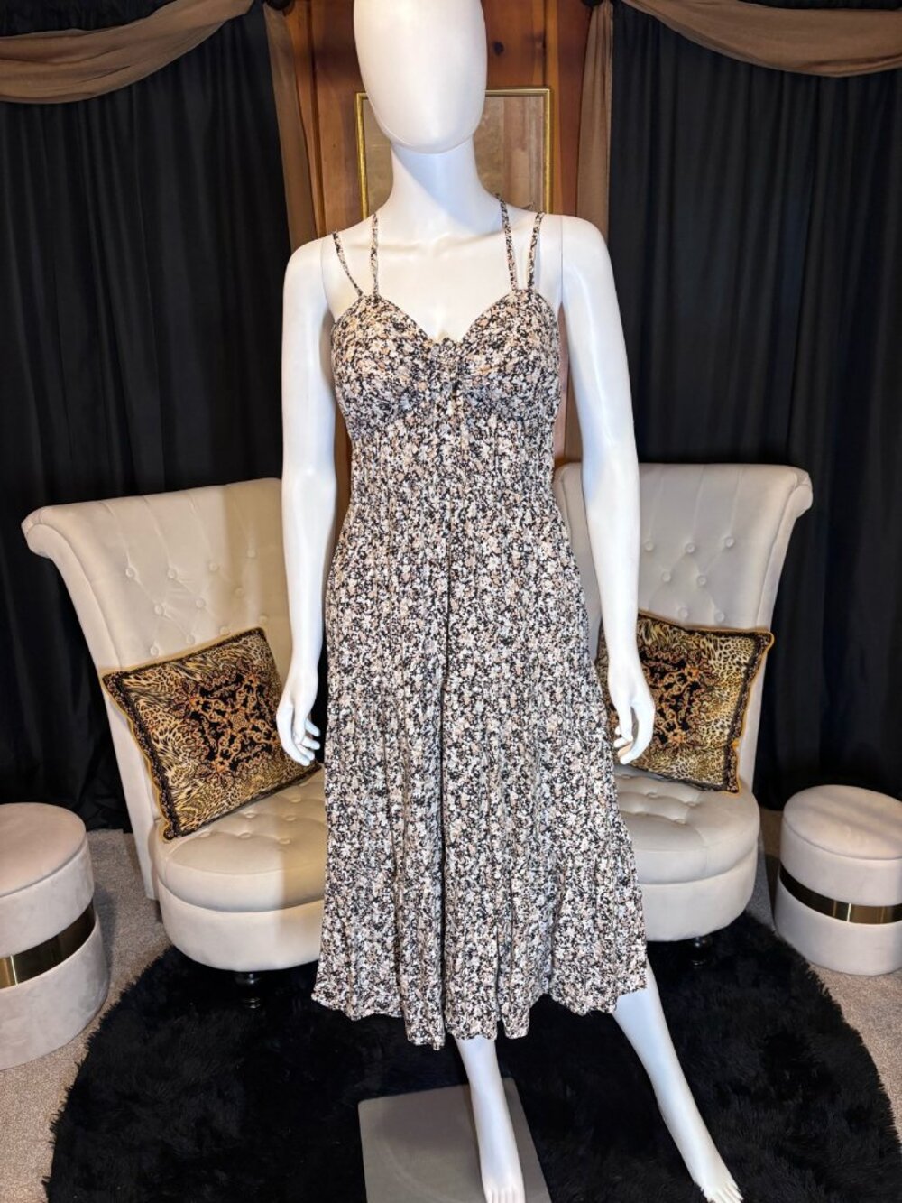 Time and Tru S 4-6 Black Tan Floral Tiered Midi Sundress Pockets
